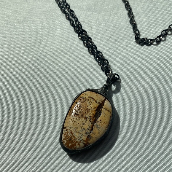 One of a kind stone necklace on dark silver chain - Picture 2 of 8